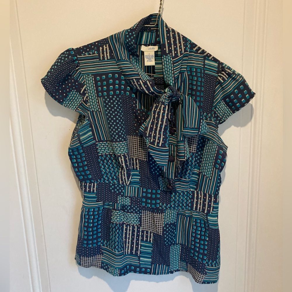 Odille Anthropologie Turquoise Silk Print Top